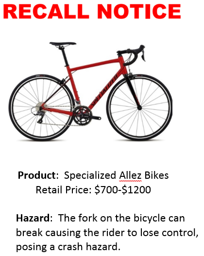 Recall:  Specialized Allez Bikes Recalled Due to Crash Hazard