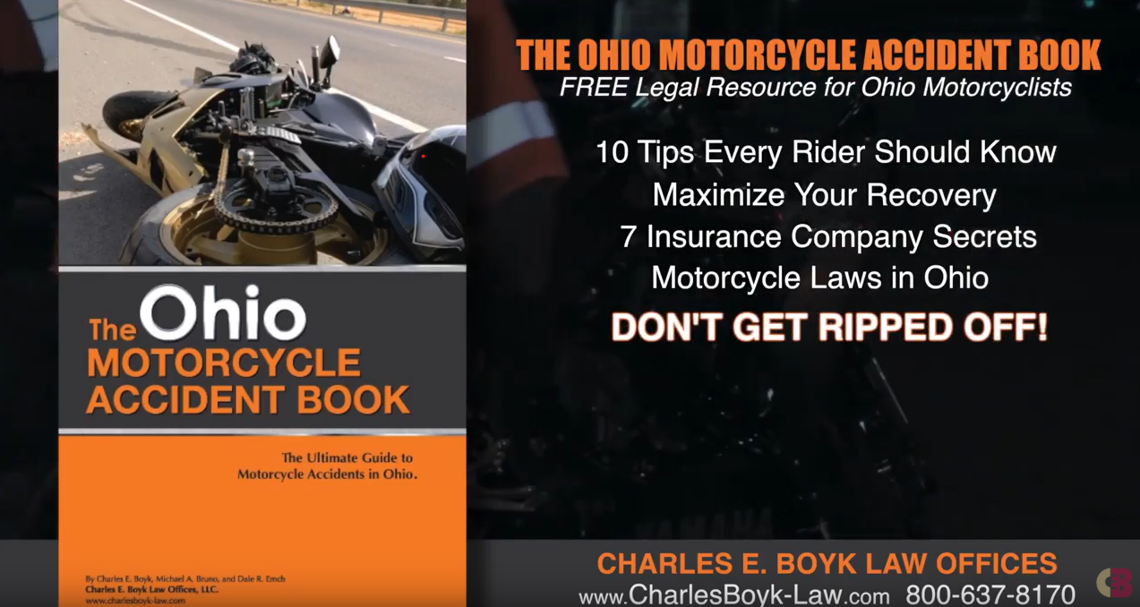 banner with the cover of "The Ohio motorcycle accident book" on the left, and on the right, information of motorcycle accidents