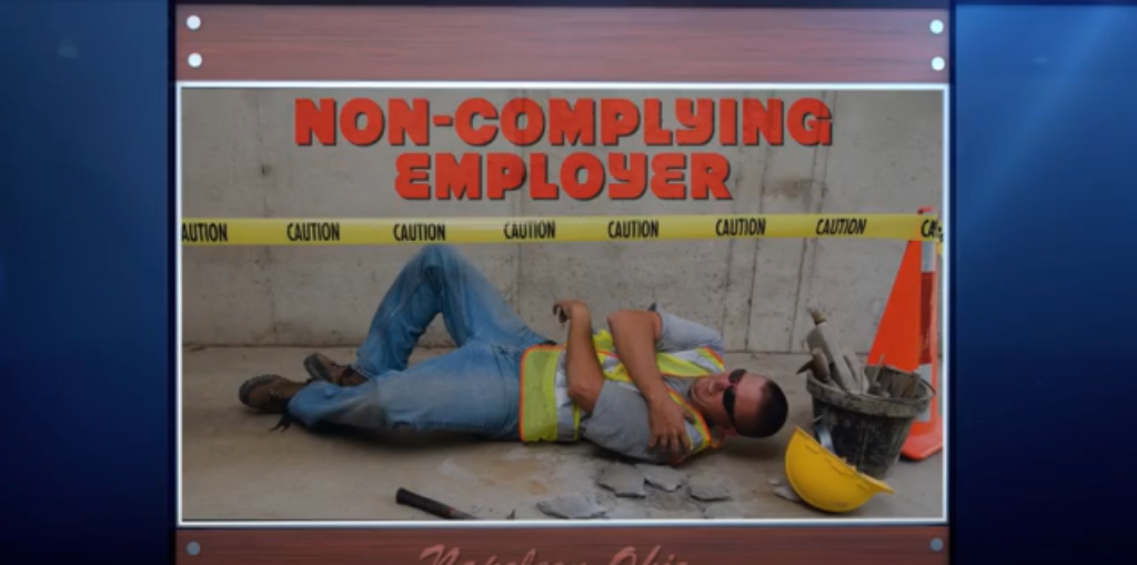poster with a worker on the floor, touching his shoulder in sign of pain, and a sign that says "Non-complying employer"