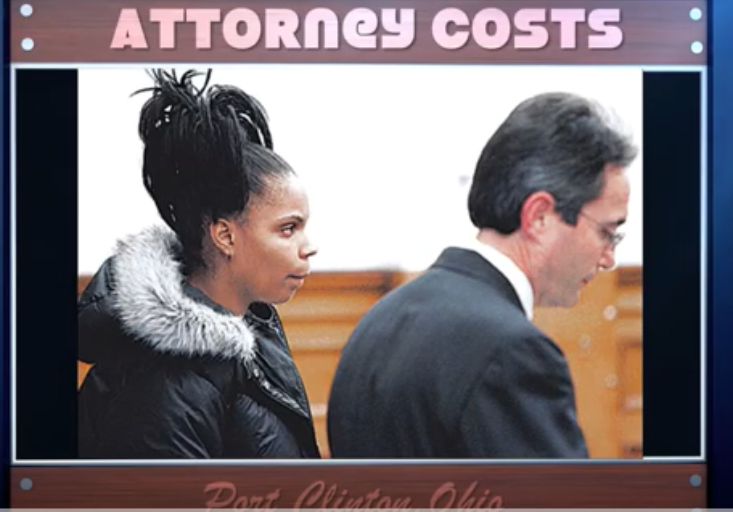 afro american woman and a lawyer, right profile, and a sign that says "Attorneys costs"