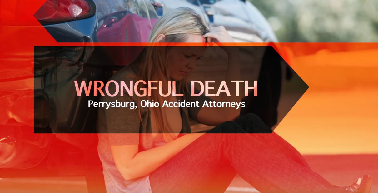 banner with the background of a sad lady sitting next to a crashed car, and a sign that says "wrongful death"