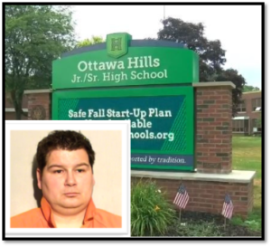 Welcome sign that reads "Ottawa Hills Jr./Sr. High School" with a mugshot of Ronald Stevens overlaid on the bottom left corner of the image